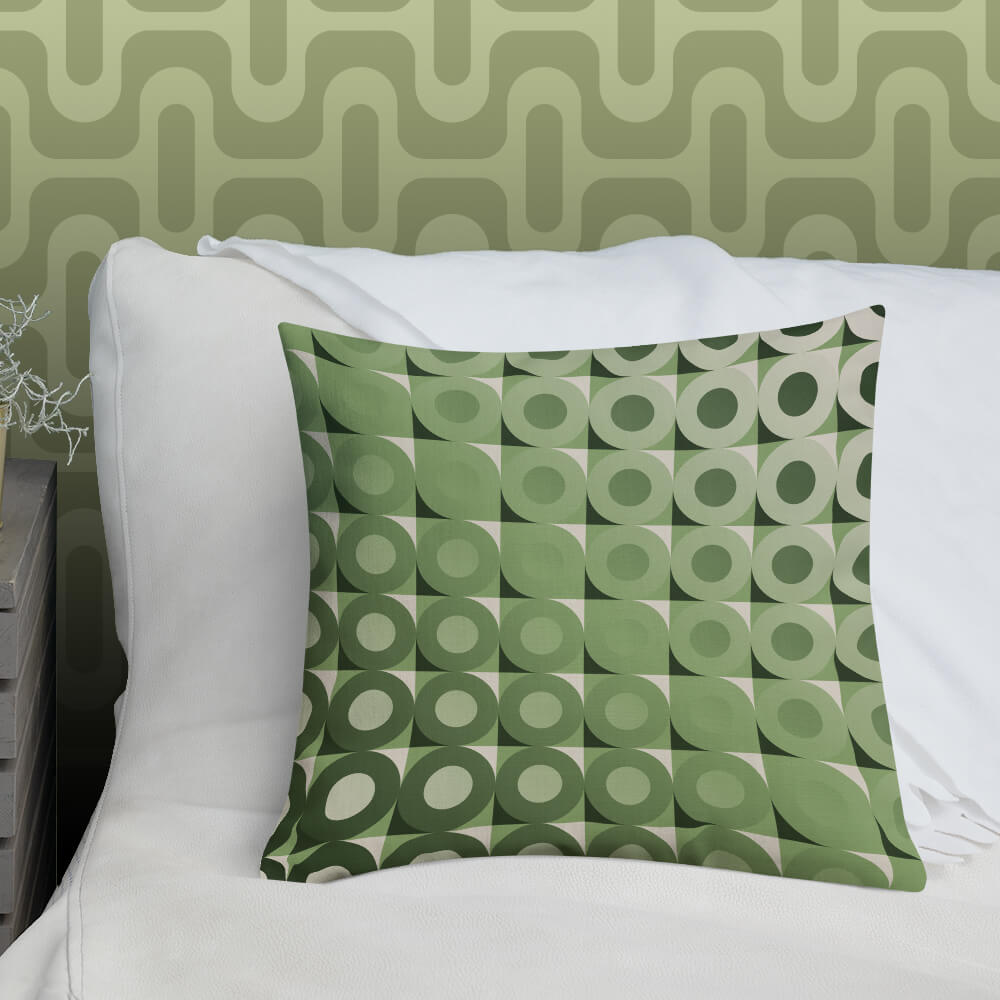 Mid Century Modern Camel Green LifeSavers 18" Square Throw Pillow on a bed