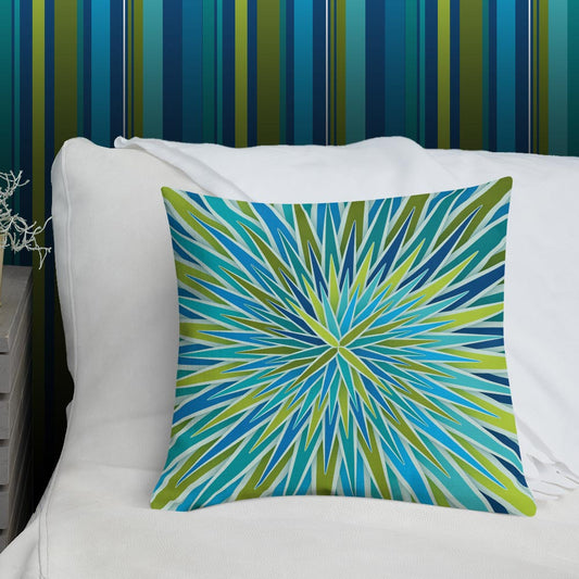 Mid Century Modern Aqua Green SpiroBurst 18" Square Throw Pillow on a bed