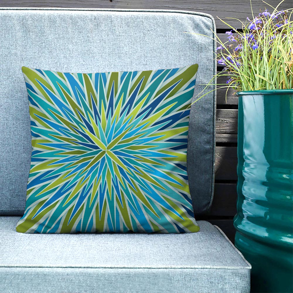 Mid Century Modern Aqua Green SpiroBurst 18" Square Throw Pillow on a patio bench