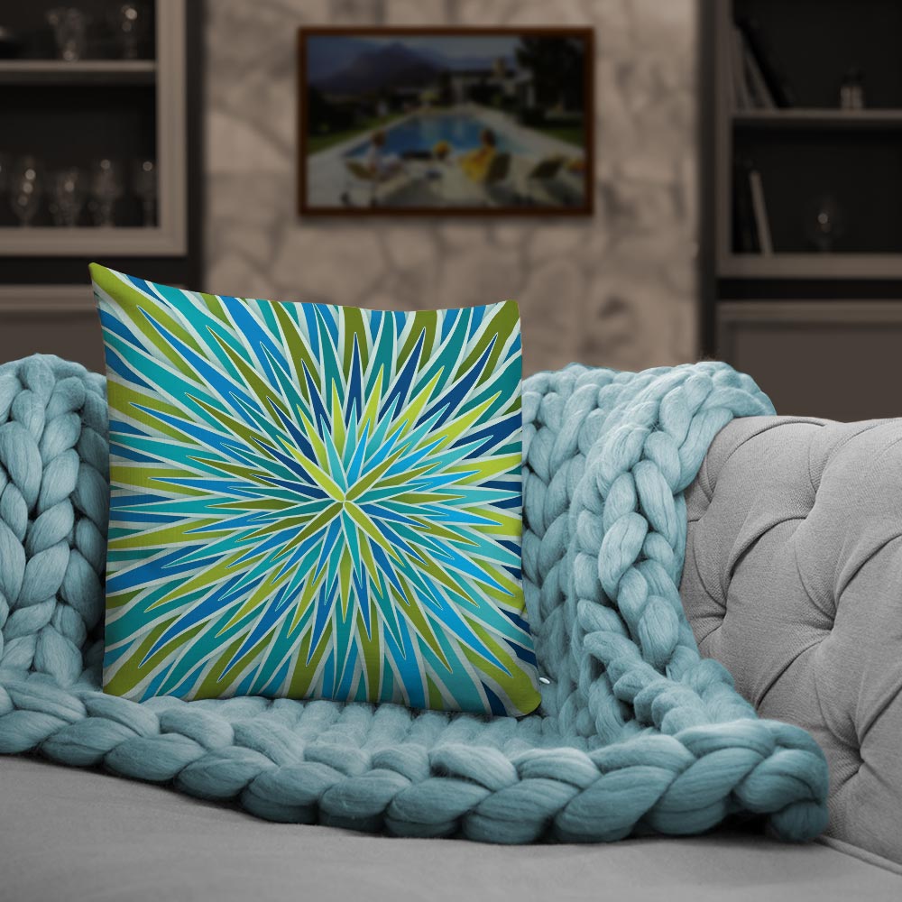 Mid Century Modern Aqua Green SpiroBurst 18" Square Throw Pillow on a sofa