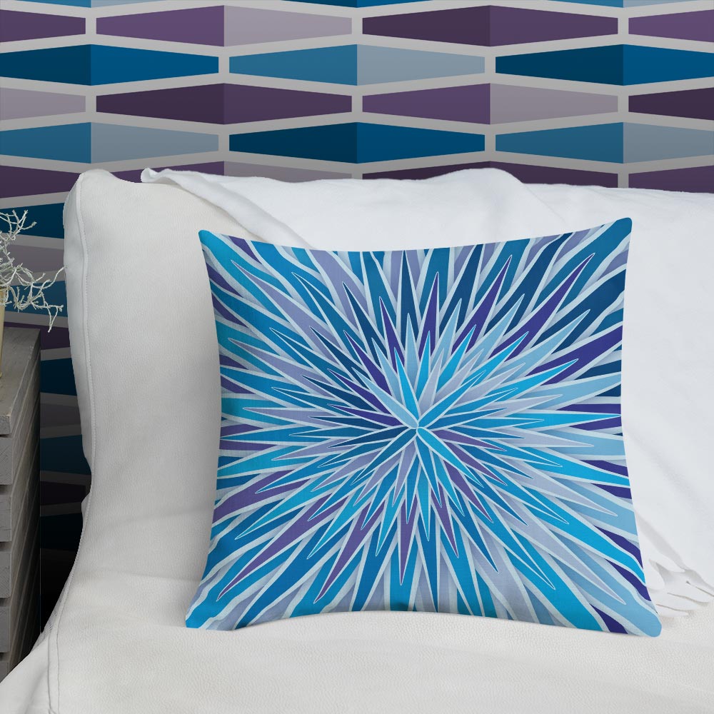 Mid Century Modern Blue Indigo SpiroBurst 18" Square Throw Pillow in a bedroom