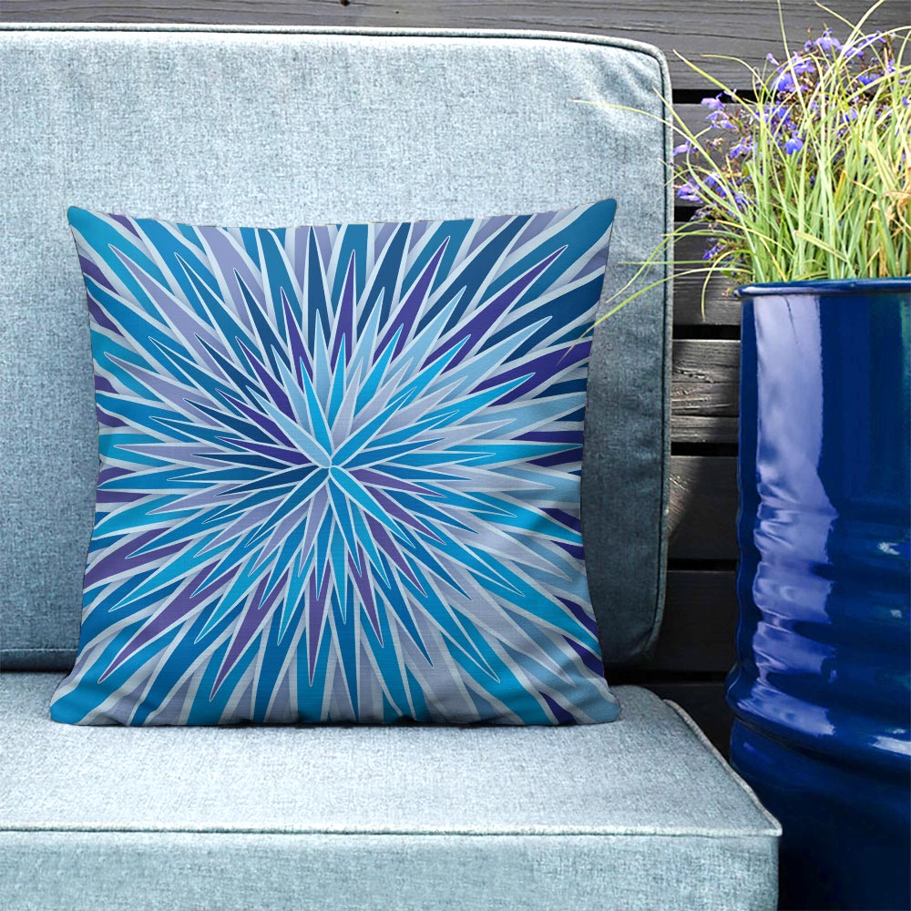 Mid Century Modern Blue Indigo SpiroBurst 18" Square Throw Pillow on a patio bench