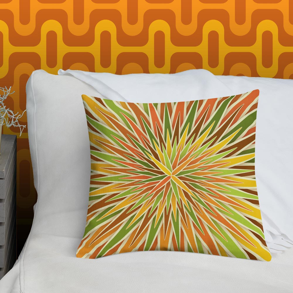 Mid Century Modern Orange Green SpiroBurst 18" Square Throw Pillow in a bedroom