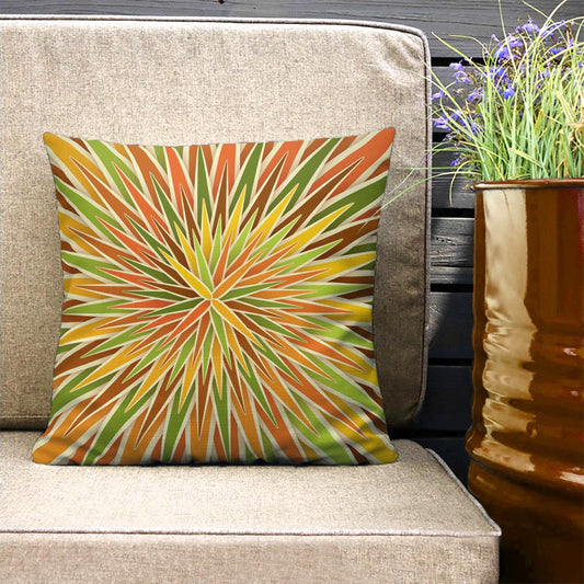 Mid Century Modern Orange Green SpiroBurst 18" Square Throw Pillow on a patio bench