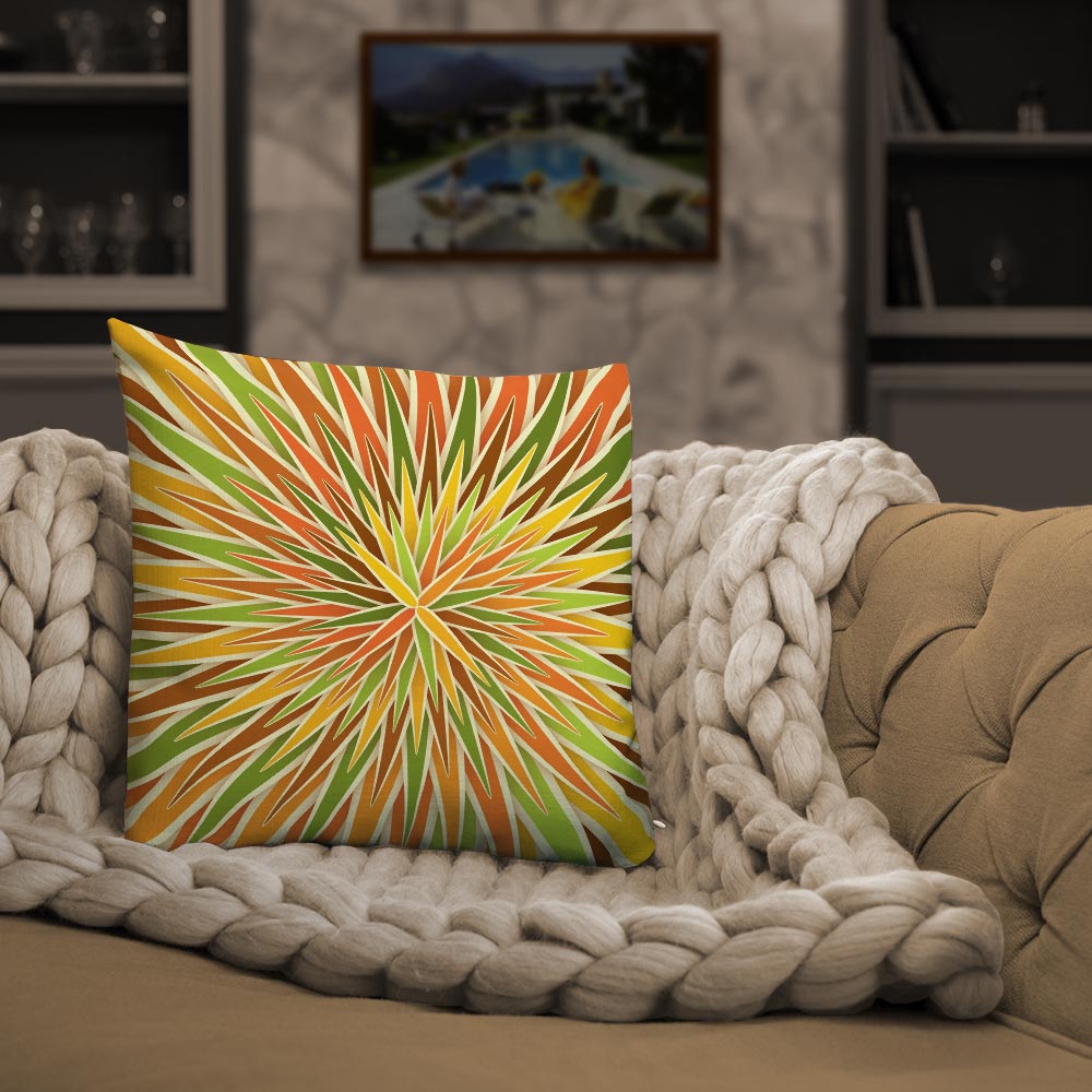 Mid Century Modern Orange Green SpiroBurst 18" Square Throw Pillow on a sofa