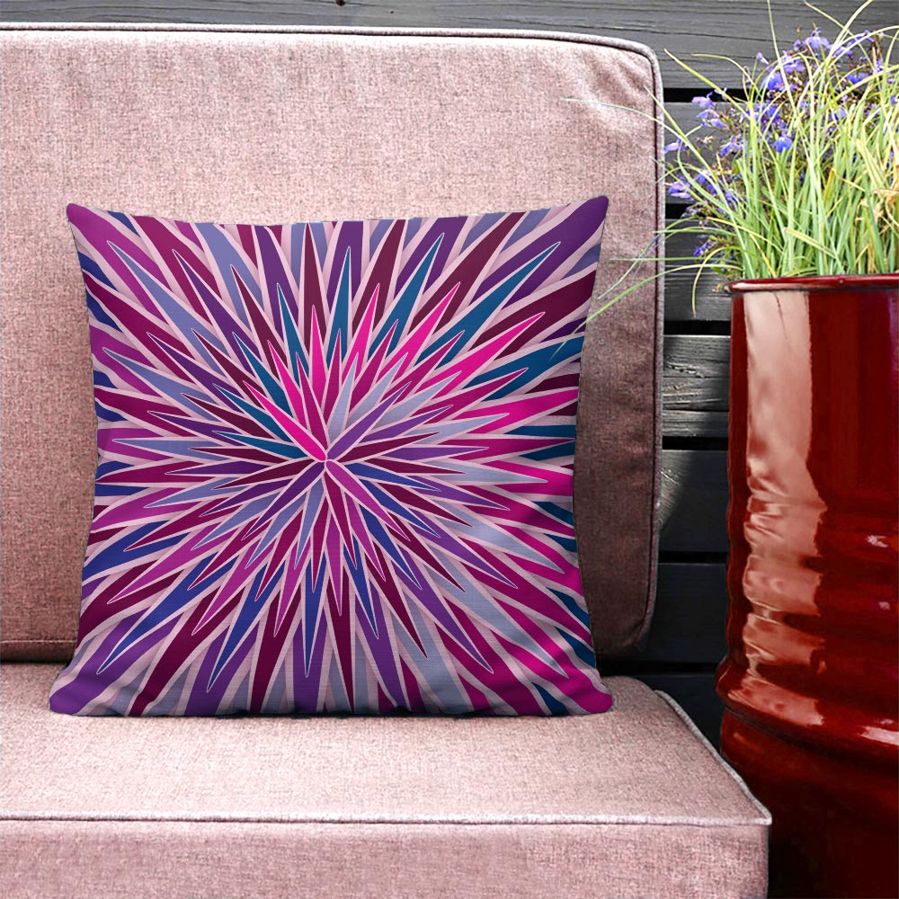Mid Century Modern Purple Pink SpiroBurst 18" Square Throw Pillow on a patio bench