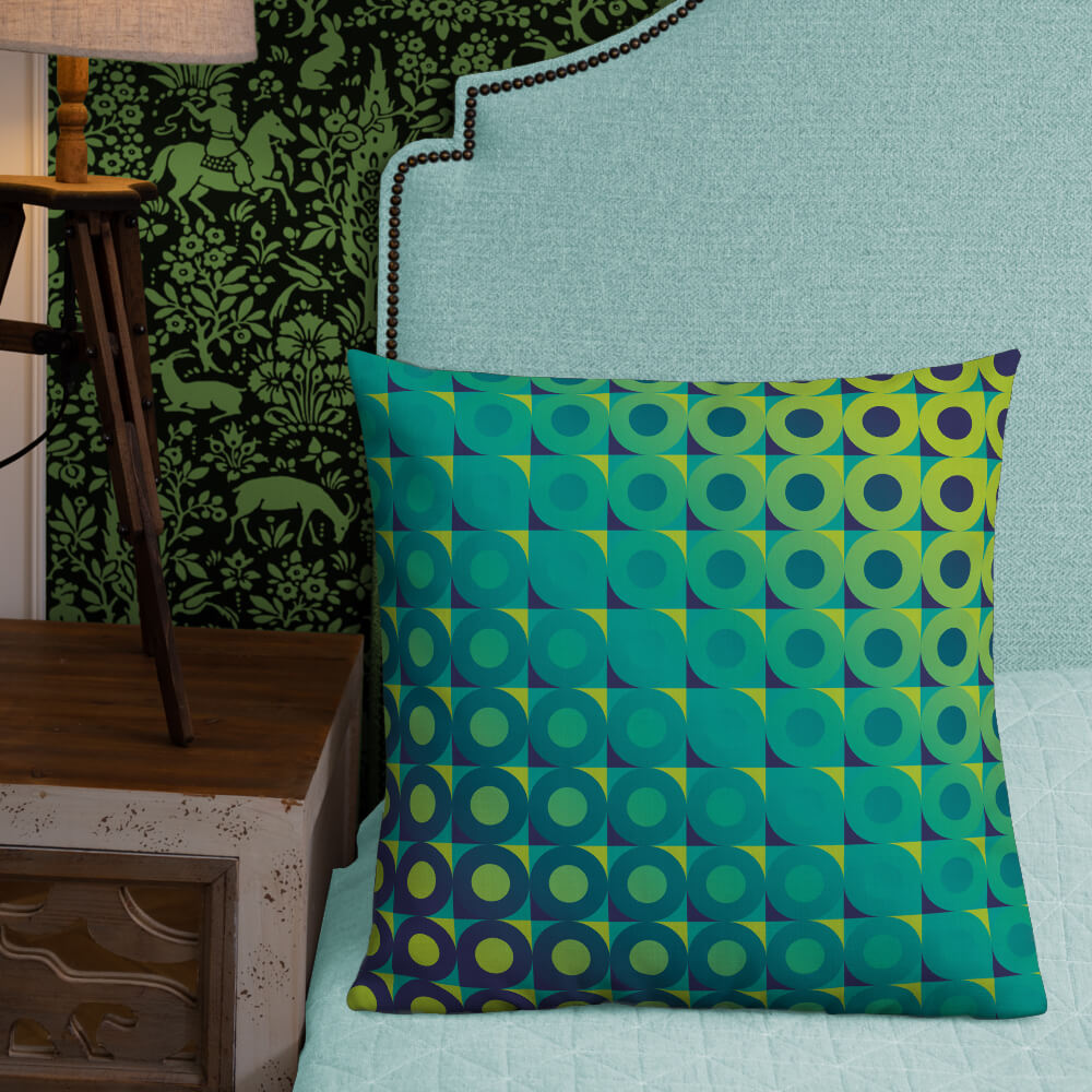 Mid Century Modern Aqua Green LifeSavers 22" Square Throw Pillow on a bed