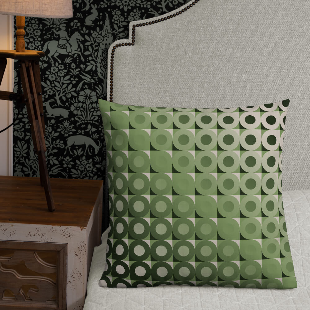 Mid Century Modern Camel Green LifeSavers 22" Square Throw Pillow on a bed