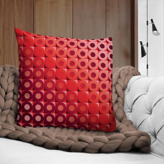 Mid Century Modern Coral Red LifeSavers 22" Square Throw Pillow on a sofa