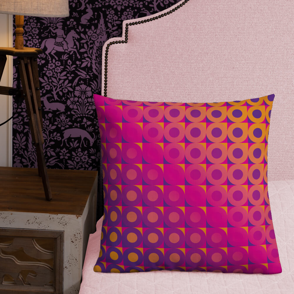 Mid Century Modern Orange Pink LifeSavers 22" Square Throw Pillow on a bed
