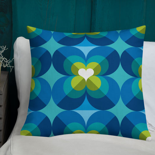 Mid Century Modern Aqua Blue LoverLeaf 22" Square Cushion Throw Pillow on a sofa