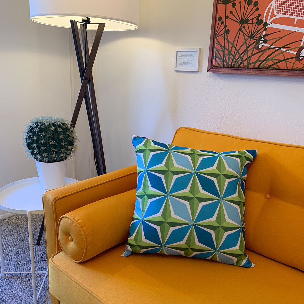 Mid Century Modern Aqua Green PolaRise 22" Square Cushion Throw Pillow on sofa