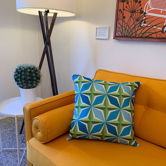 Mid Century Modern Aqua Green PolaRise 22" Square Cushion Throw Pillow on sofa