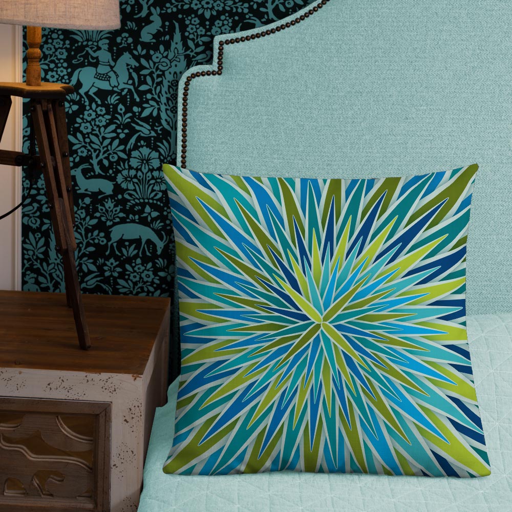 Mid Century Modern Aqua Green SpiroBurst 22" Square Throw Pillow in a bedroom