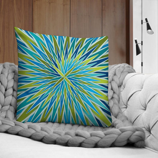 Mid Century Modern Aqua Green SpiroBurst 22" Square Throw Pillow on a couch