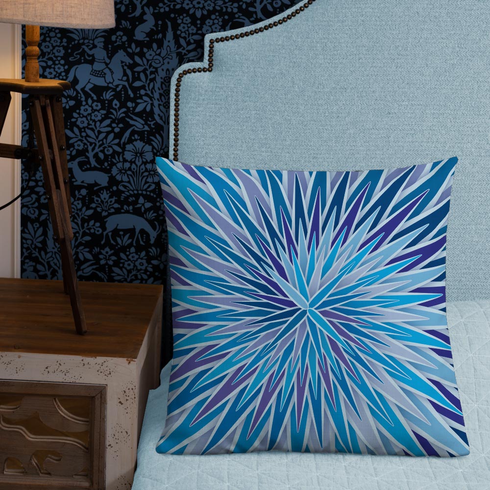 Mid Century Modern Blue Indigo SpiroBurst 22" Square Throw Pillow in a bedroom