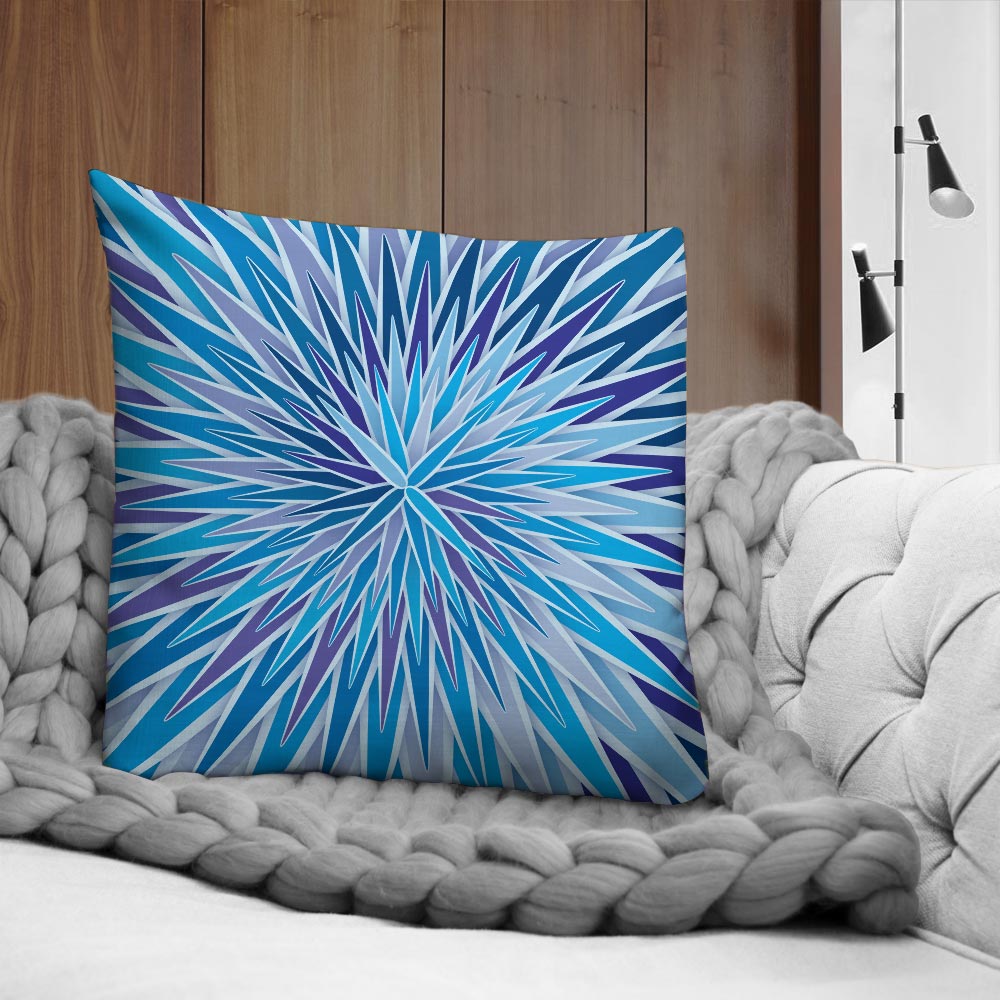 Mid Century Modern Blue Indigo SpiroBurst 22" Square Throw Pillow on a couch