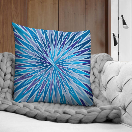 Mid Century Modern Blue Indigo SpiroBurst 22" Square Throw Pillow on a couch