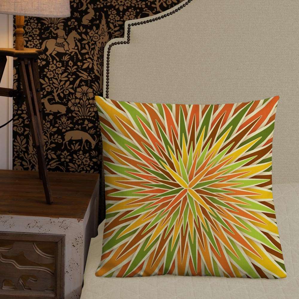 Mid Century Modern Orange Green SpiroBurst 22" Square Throw Pillow in a bedroom