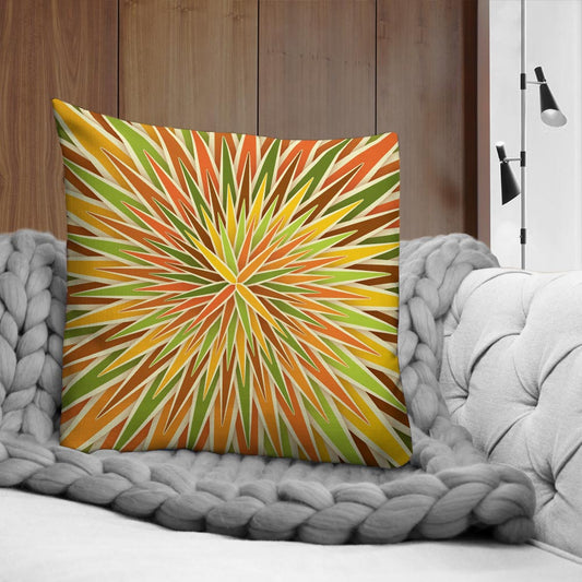Mid Century Modern Orange Green SpiroBurst 22" Square Throw Pillow on a couch