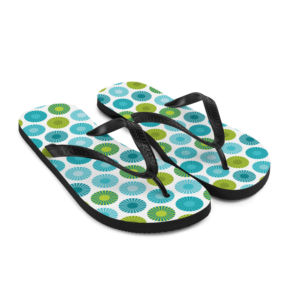 Mid Century Modern Aqua FlowerPower Flip-Flops Down view
