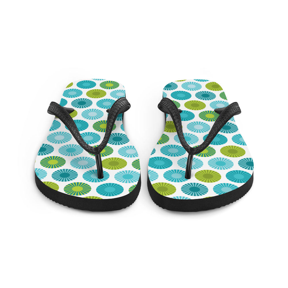 Mid Century Modern Aqua FlowerPower Flip-Flops Front view