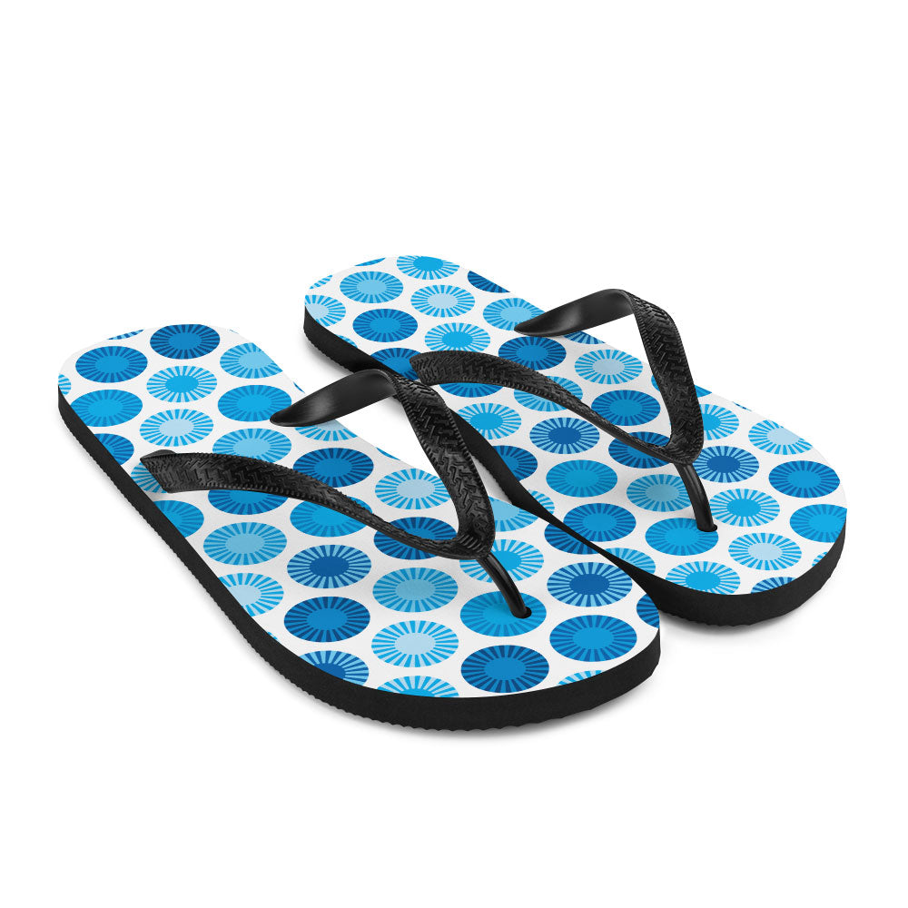 Mid Century Modern Blue FlowerPower Flip-Flops Down view