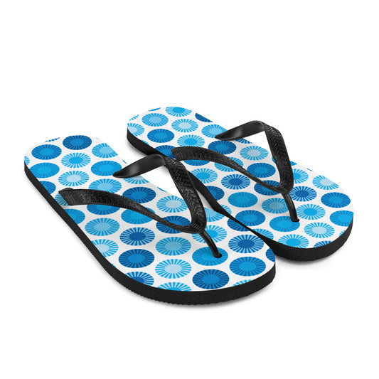 Mid Century Modern Blue FlowerPower Flip-Flops Down view