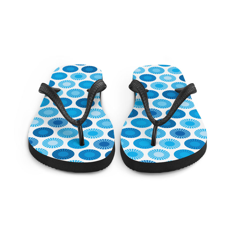 Mid Century Modern Blue FlowerPower Flip-Flops Front view