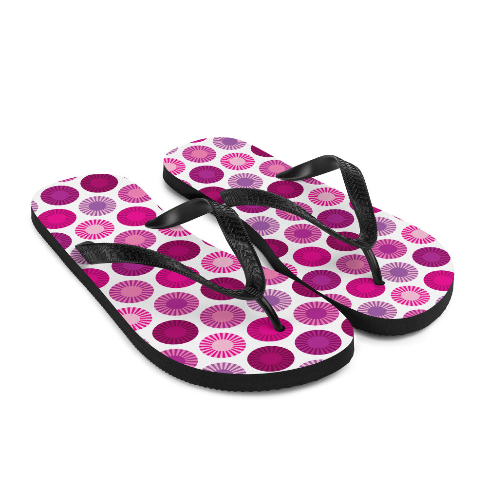 Mid Century Modern Pink FlowerPower Flip-Flops Down view