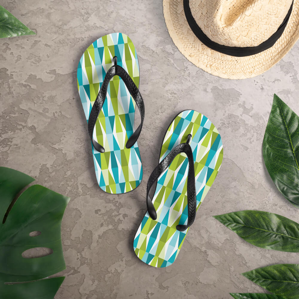 Mid Century Modern Aqua Green LozAnges Flip-Flops on a deck