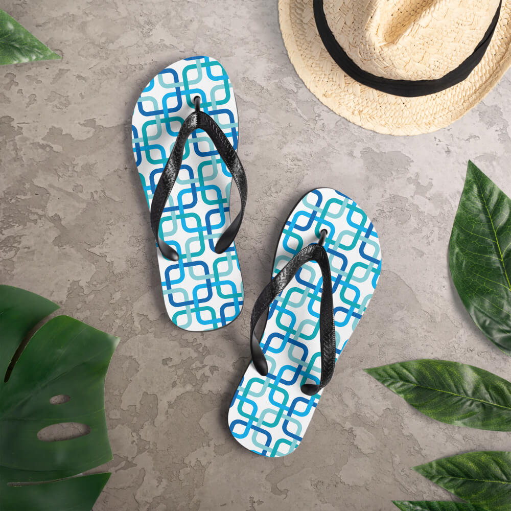 Mid Century Modern Blue PanAmTrays Flip-Flops on a deck
