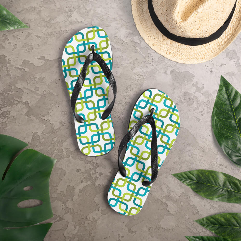 Mid Century Modern Green PanAmTrays Flip-Flops on a deck
