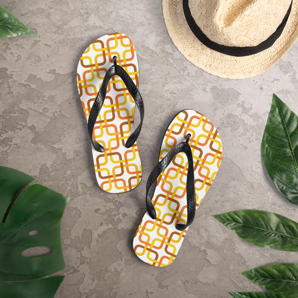 Mid Century Modern Orange PanAmTrays Flip-Flops on a deck