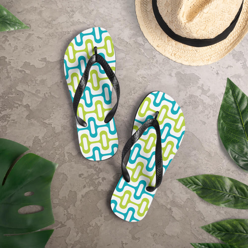 Mid Century Modern Aqua Green ZipperDee Flip-Flops on a deck