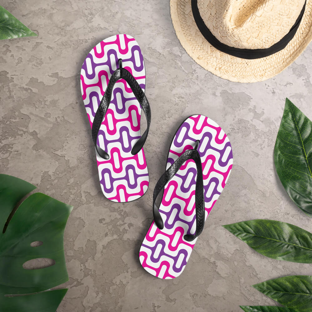 Mid Century Modern Purple ZipperDee Flip-Flops on a deck