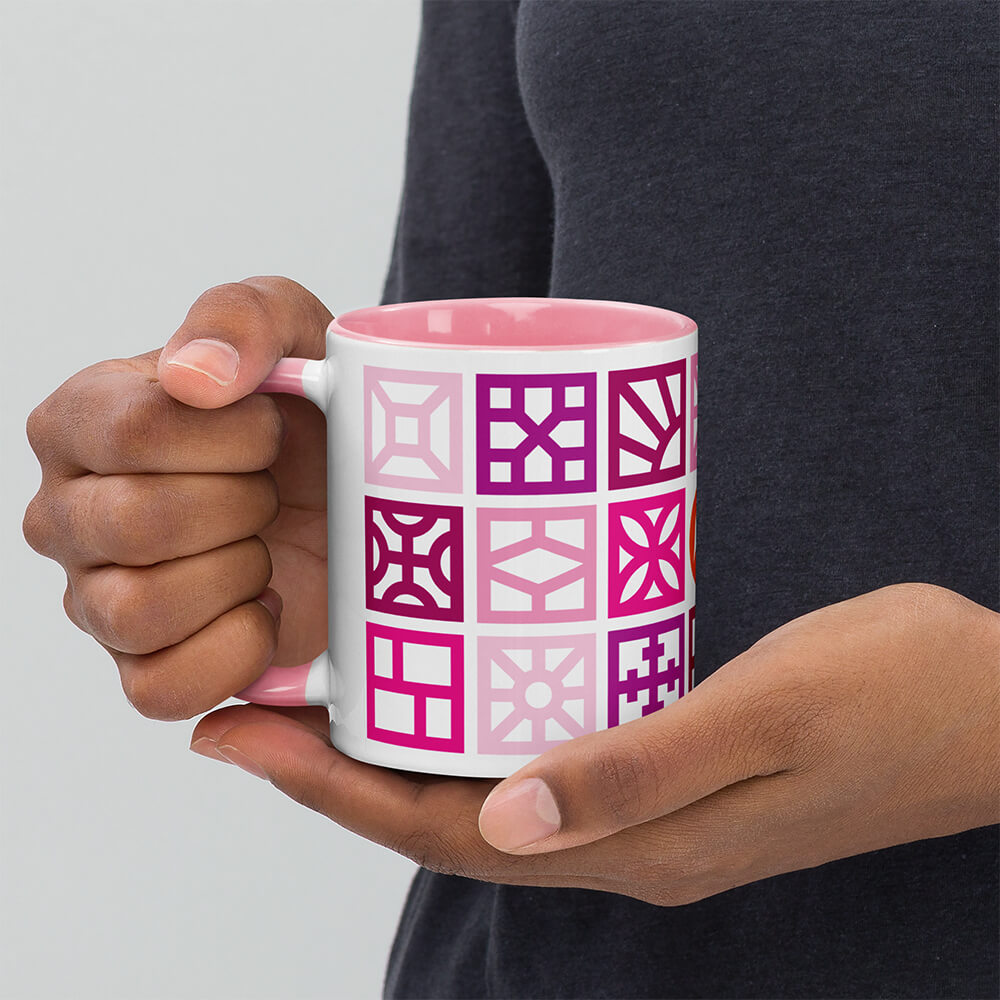 Mid Century Modern Pink Breeze Blocks 11oz Mug with Color Inside in a man's hands