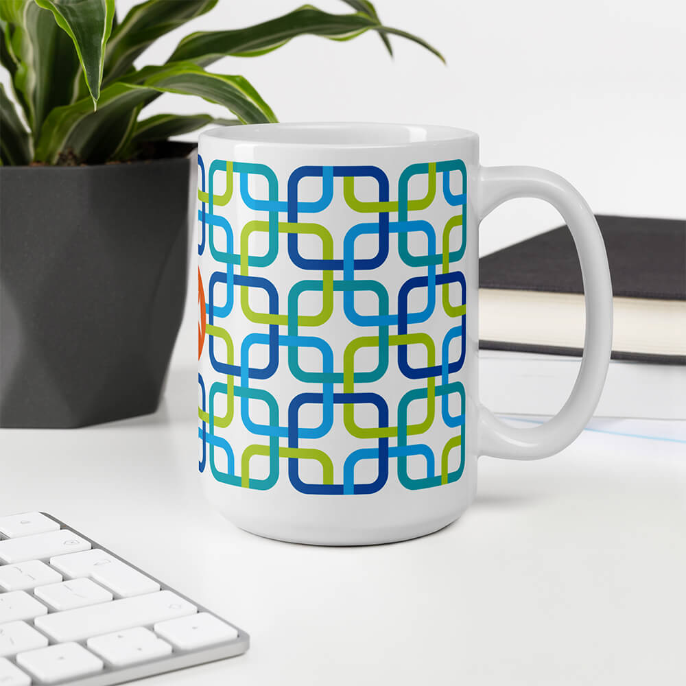 Mid Century Modern Blue PanAmTrays 15oz Mug on an office desk