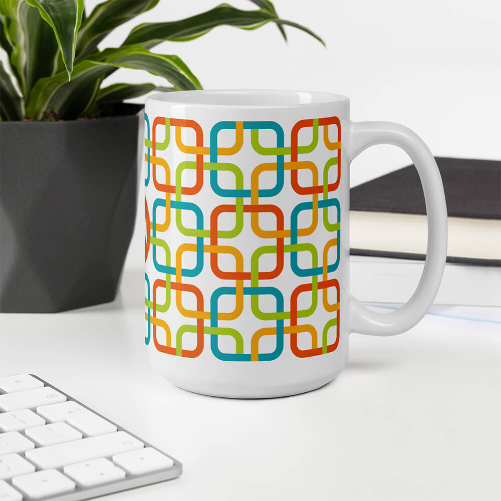 Mid Century Modern Multicolour PanAmTrays 15oz Mug on an office desk