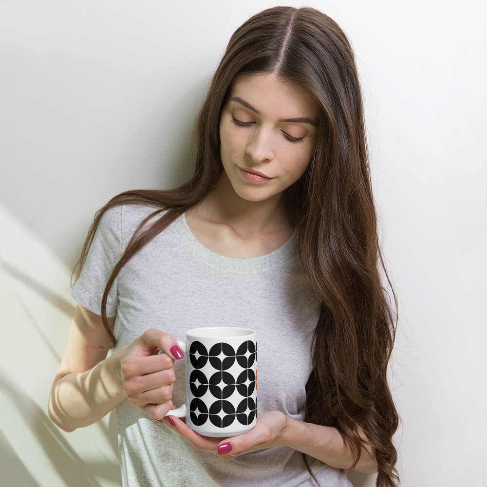 Mid Century Modern Black and White StarChips 15oz Mug in a woman's hands