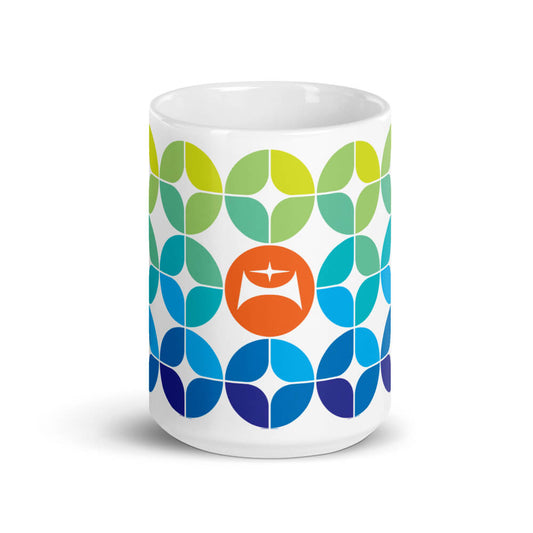 Mid Century Modern Blue Aqua StarChips 15oz Mug logo in the middle