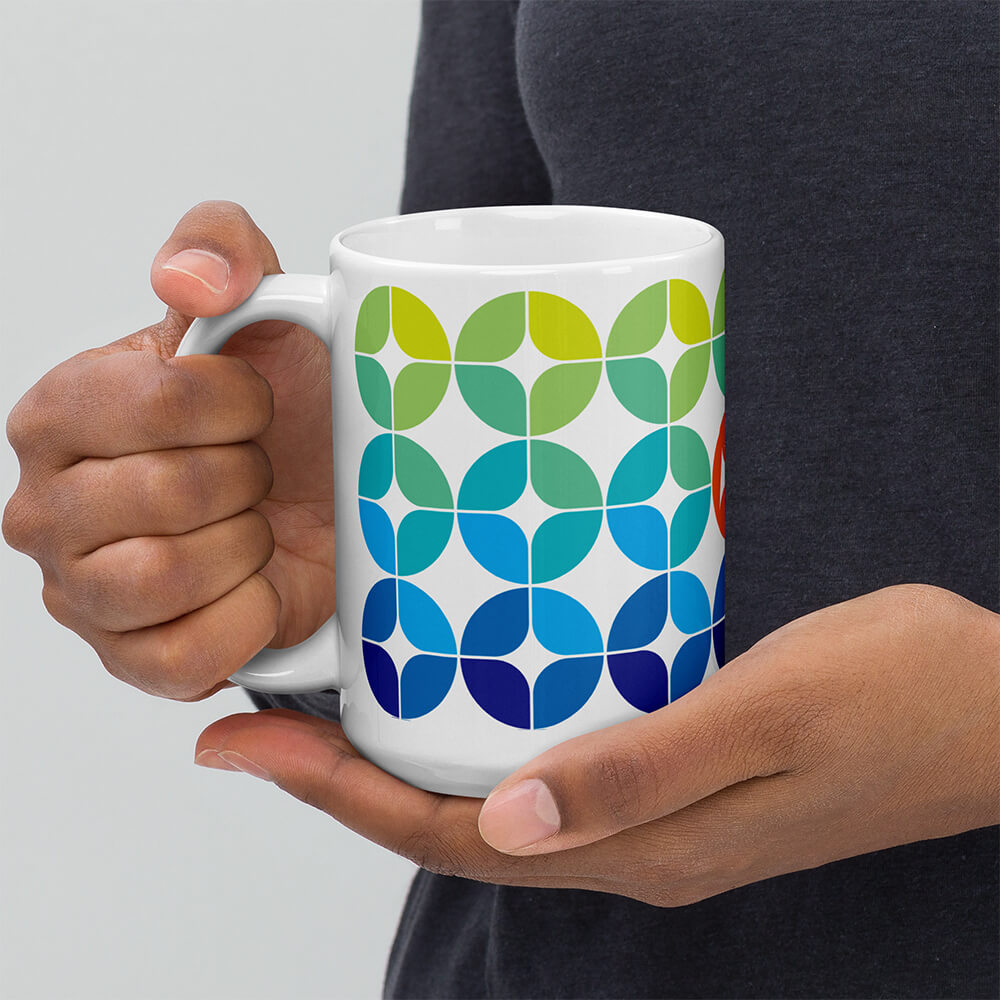 Mid Century Modern Blue Aqua StarChips 15oz Mug in a man's hands