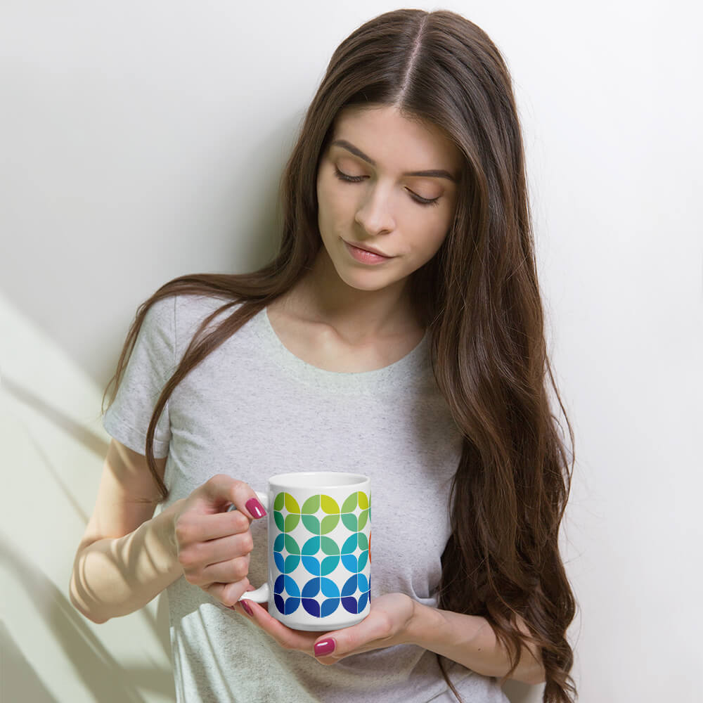 Mid Century Modern Blue Aqua StarChips 15oz Mug in a woman's hands