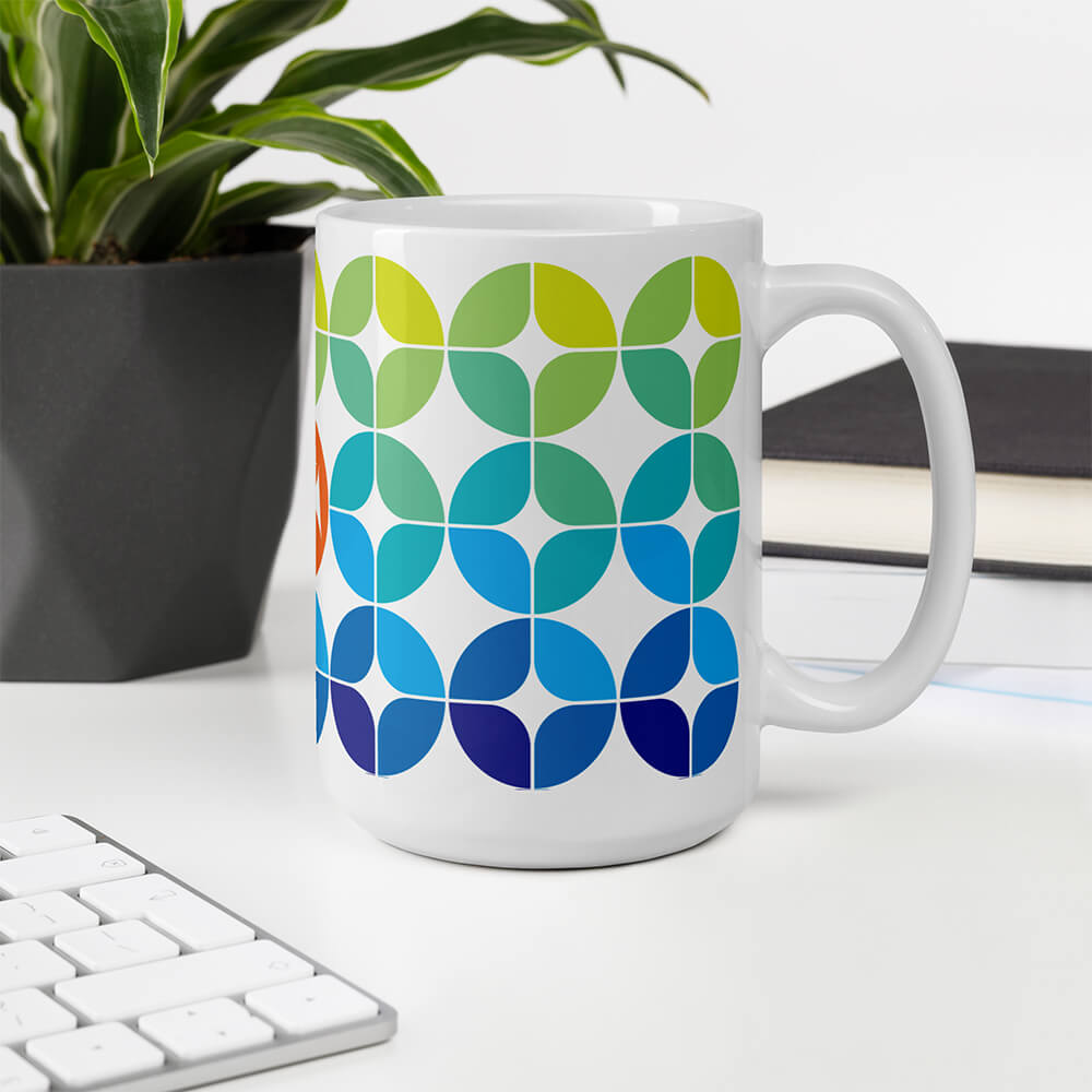 Mid Century Modern Blue Aqua StarChips 15oz Mug on an office desk