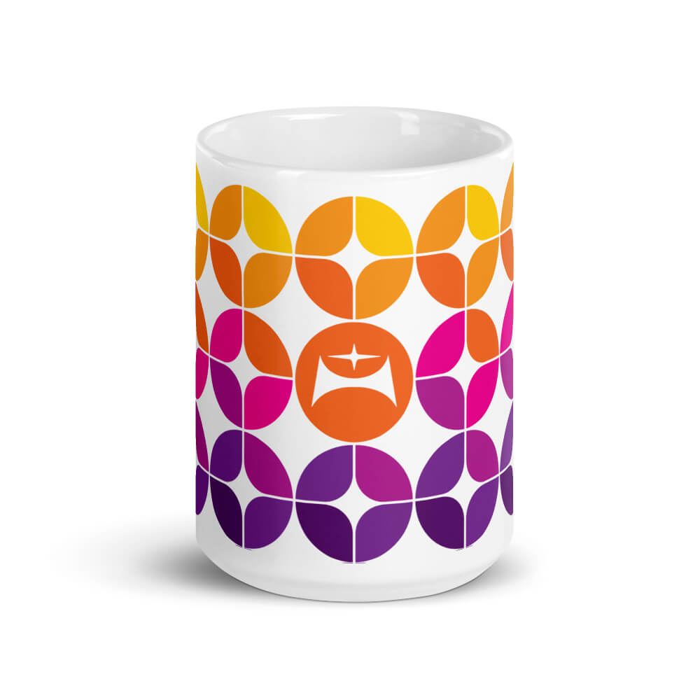 Mid Century Modern Purple Pink Orange StarChips 15oz Mug logo in the middle