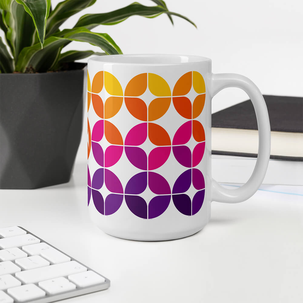 Mid Century Modern Purple Pink Orange StarChips 15oz Mug on office desk
