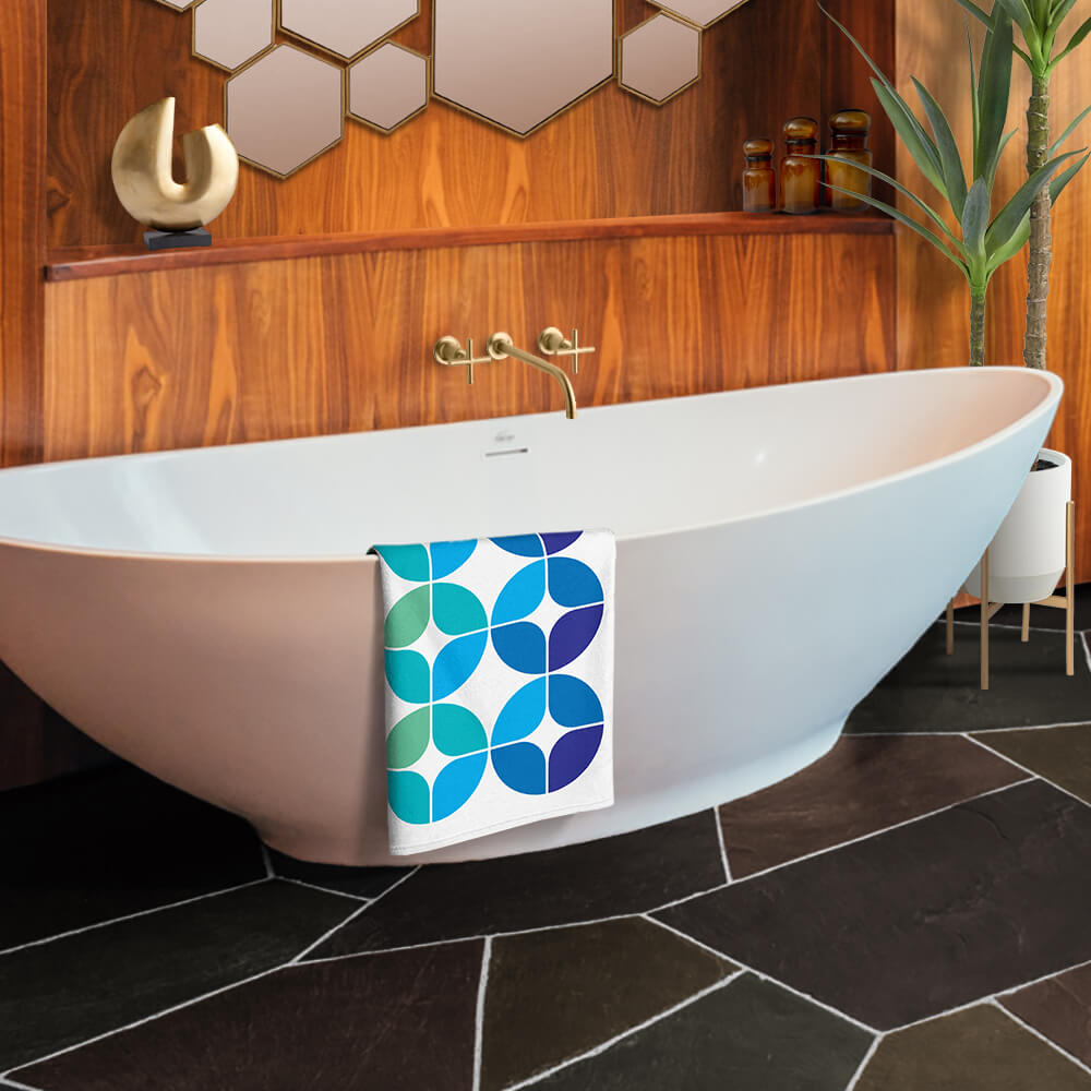 Mid Century Modern Blue Aqua StarChips Beach & Pool Towel in a bathroom