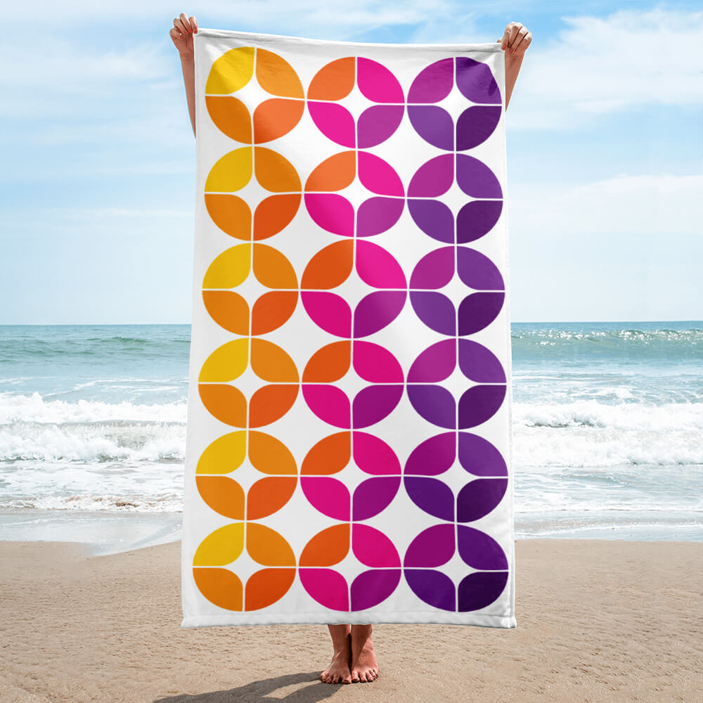 Mid Century Modern Purple Orange StarChips Beach & Pool Towel ocean front view