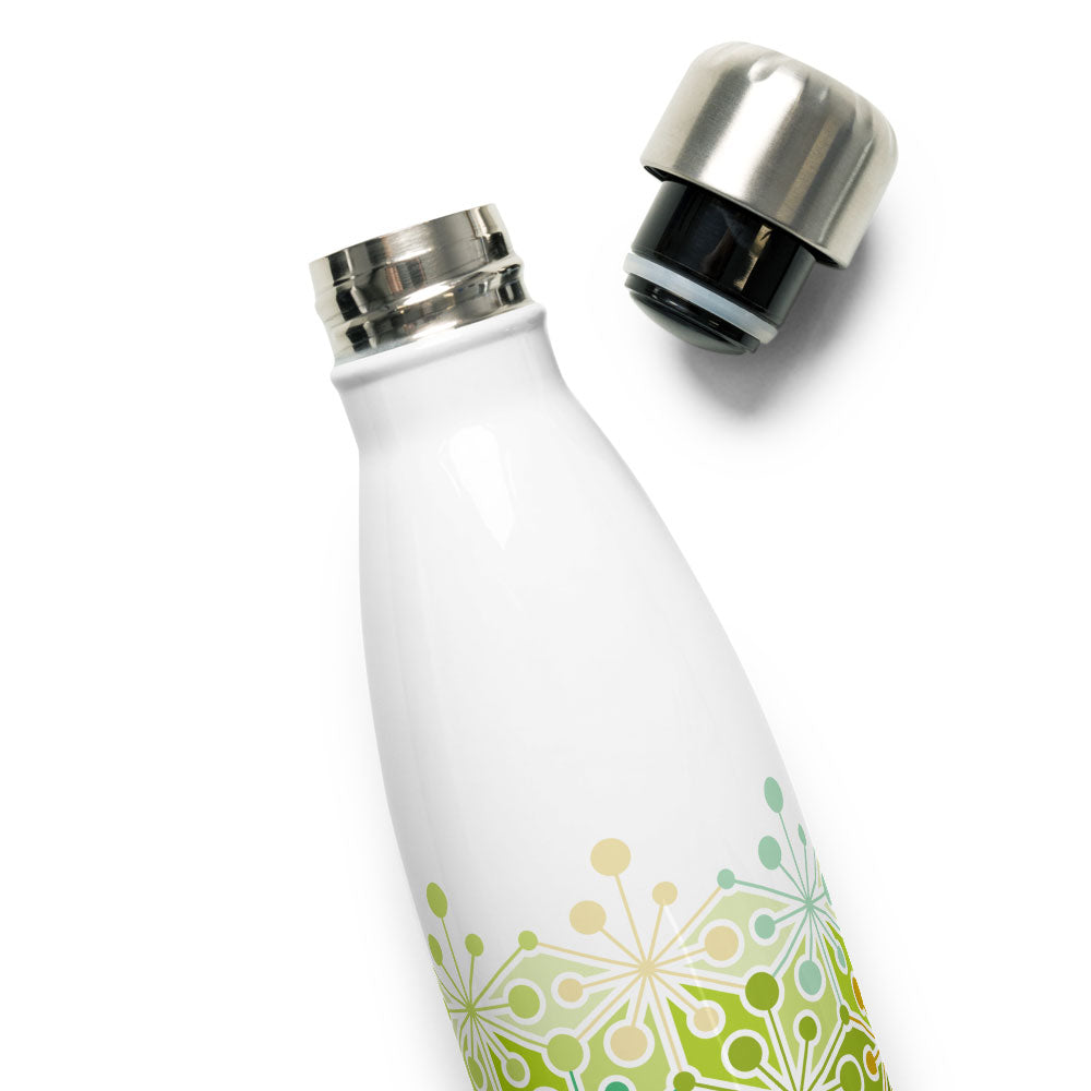 Mid Century Modern Eco Green PsychoFlakes 17 oz Stainless Steel Water Bottle with open cap