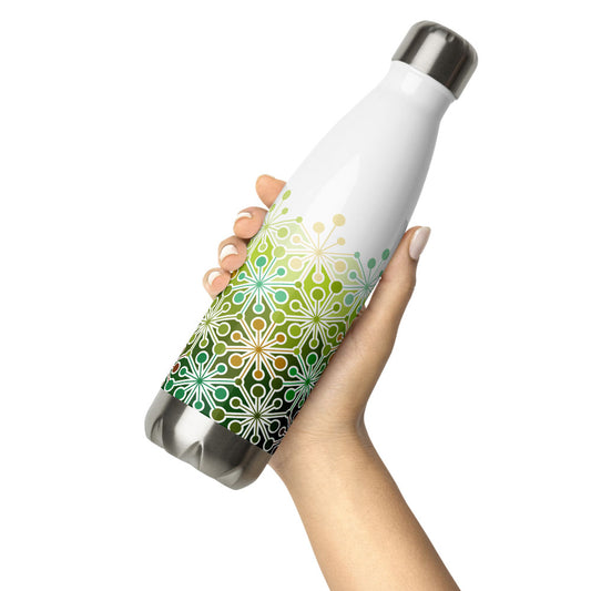 Mid Century Modern Eco Green PsychoFlakes 17 oz Stainless Steel Water Bottle in hand